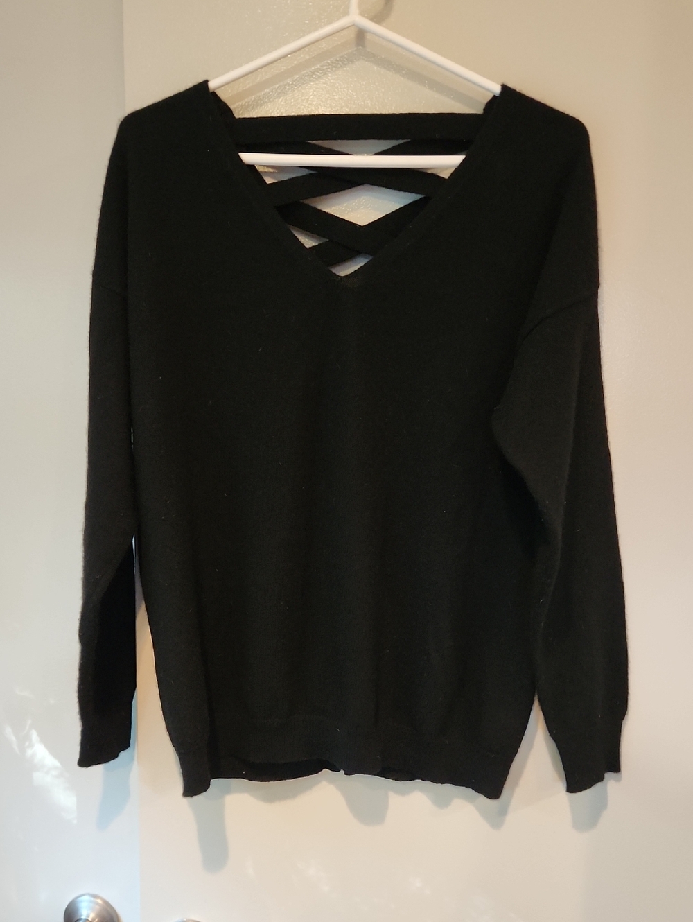Aqua Black Cashmere Oversized V-Neck Sweater with Crisscross Back